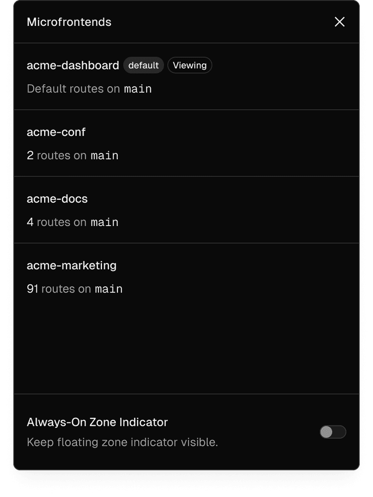 Panel in the Toolbar showing all microfrontends.