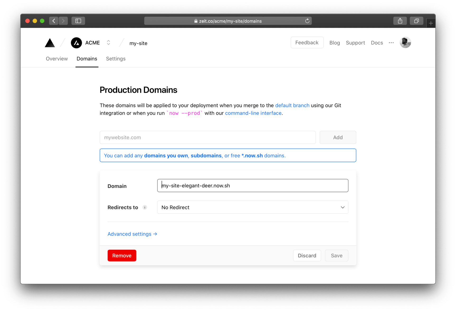 You can edit the default production domain or add a custom domain.