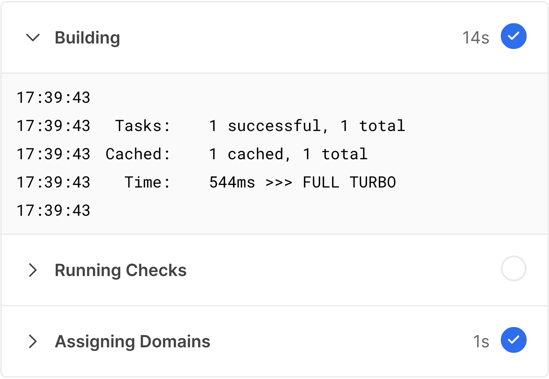 Turborepo restoring your project from the Vercel Remote Cache.