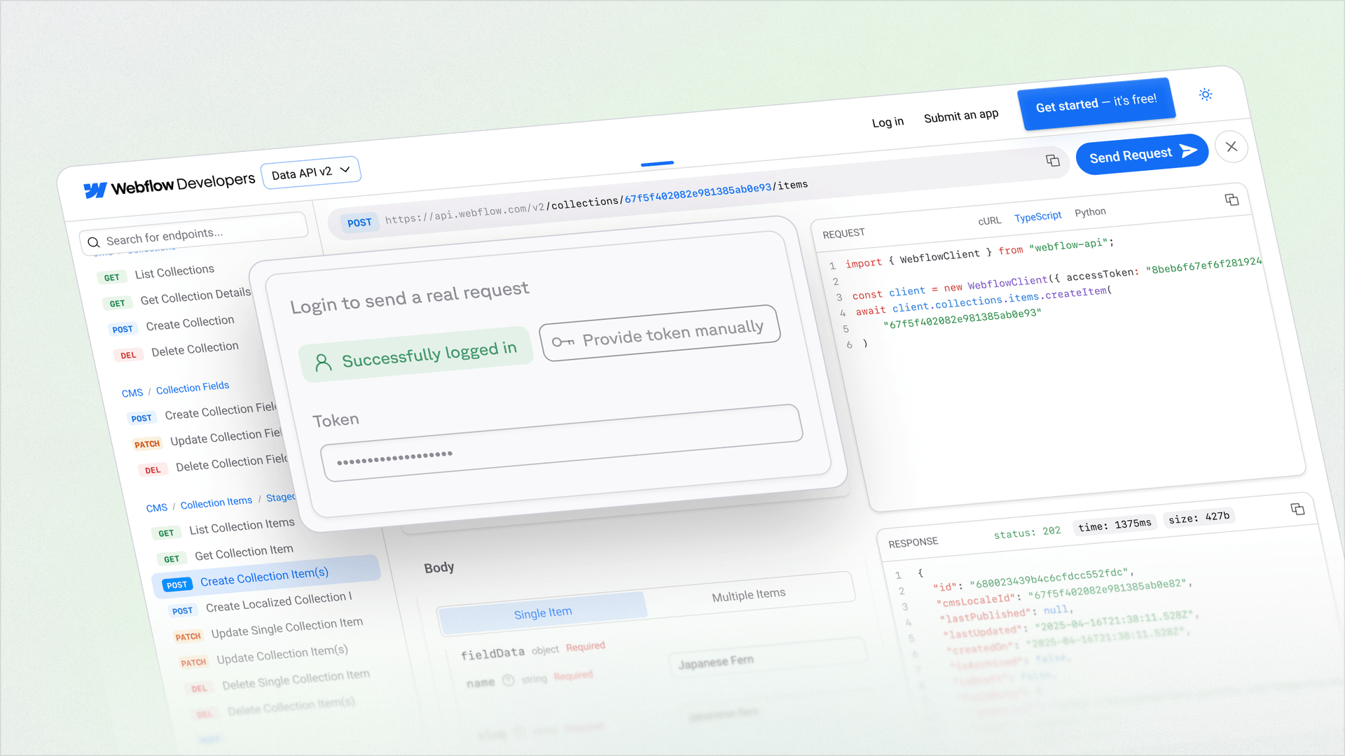 Example of developer documentation built with Fern and hosted on Vercel.
