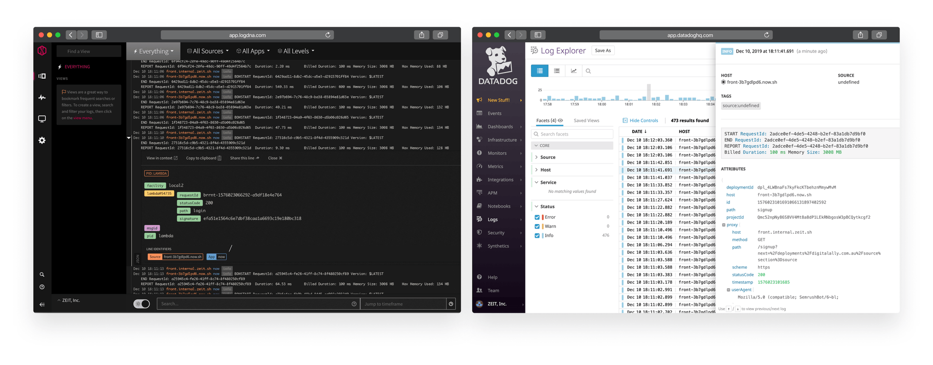 The LogDNA and Datadog application interfaces.
