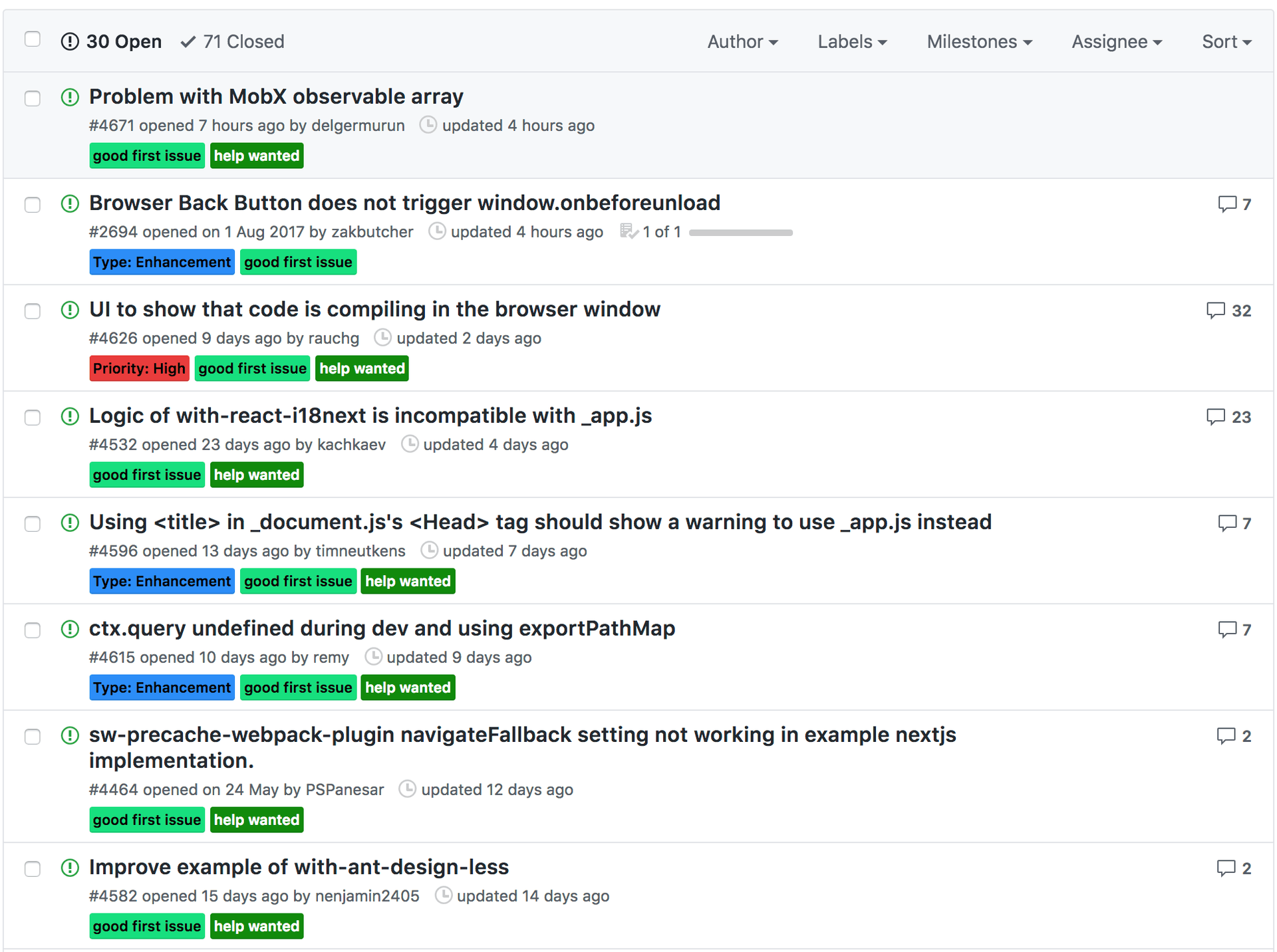 There's 30 open issues with the "good first issue" label. Giving new contributors the opportunity to contribute.