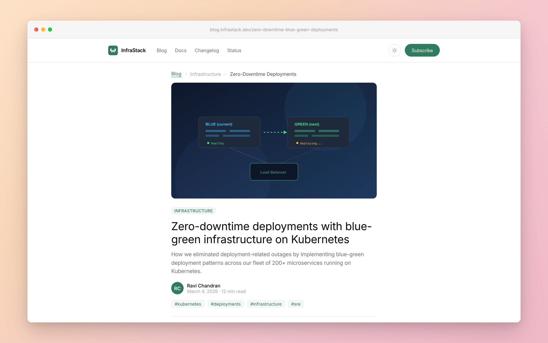 A single blog post on a Waldium-powered site with hero image, breadcrumbs, author, and tags